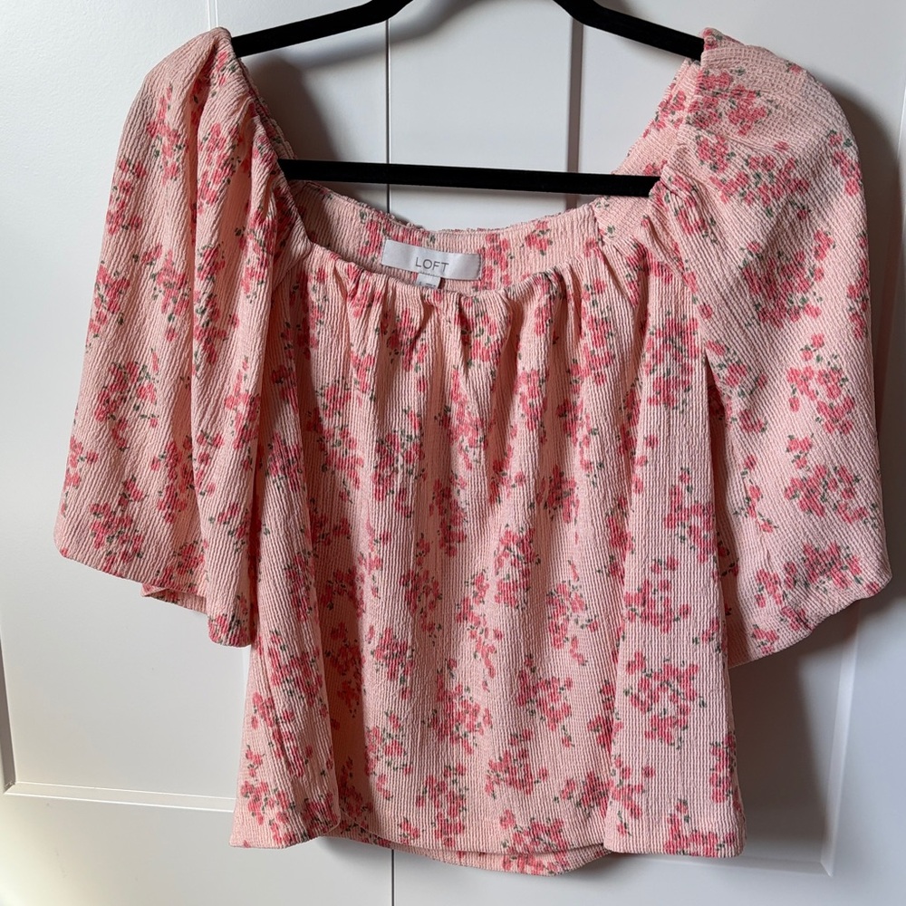 LOFT Pink Floral Smocked Off-Shoulder Blouse
